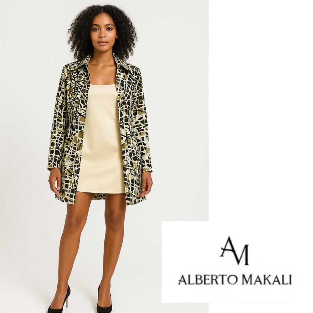 Alberto Makali Black Tan Green Car Trench Coat Vintage Medium 8 Abstract Modern